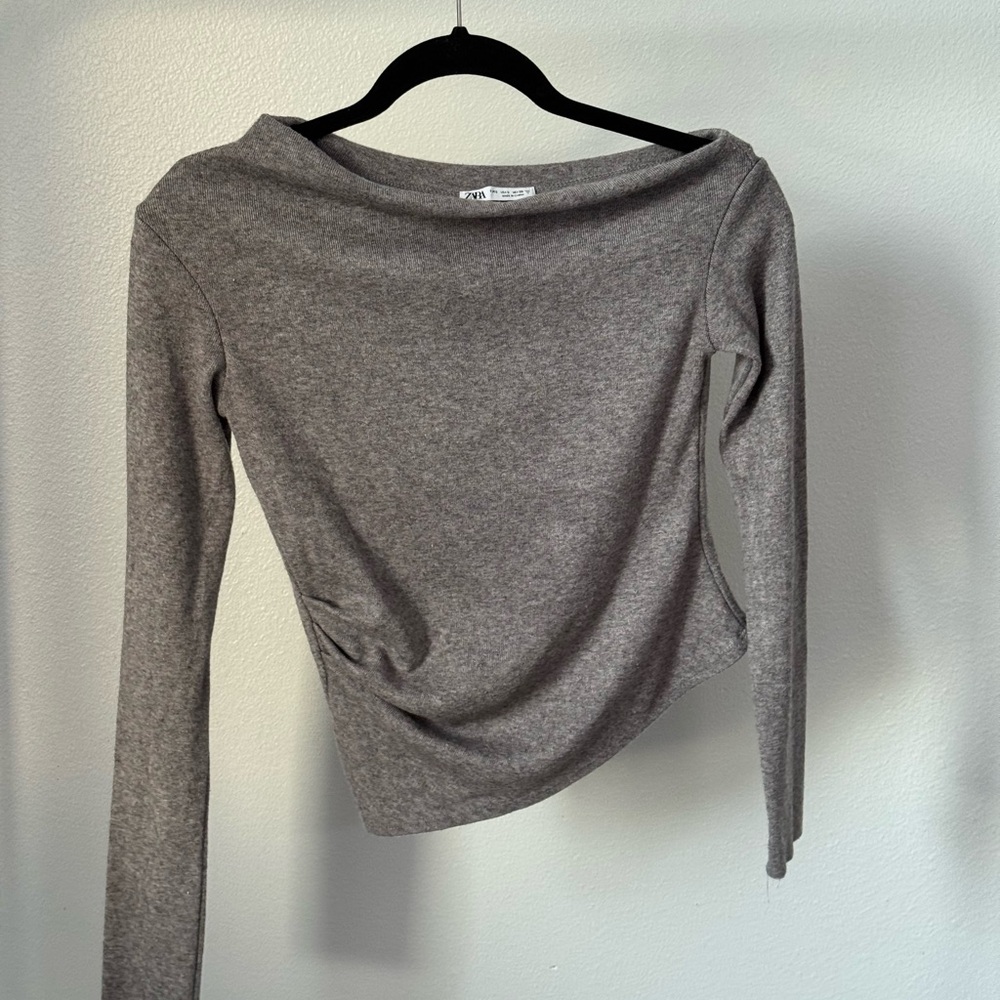 Zara Heather Gray Long Sleeve A-Symmetric neck & hem line Top